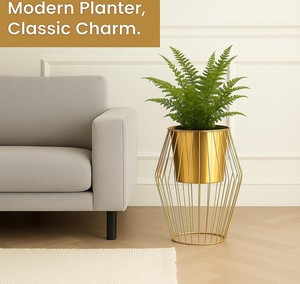 Pot de fleurs en métal doré avec support en cage métallique, pot de fleurs moderne pour salon, balcon, jardin, décoration de la maison - Product Image 5