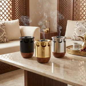 Quemador de Incienso Árabe de Lujo en Madera y Metal, Elegante Decoración para el Hogar de Oriente Medio, Juego de Mabkhara en Negro, Dorado y Plateado - Product Image 1
