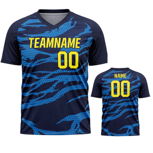 เสื้อกีฬาซับลิเมชั่นแบบกำหนดเองสำหรับผู้ชาย สีน้ำเงินลายพราง คอวี เสื้อทีม ระบายอากาศ แห้งเร็ว ชุดกีฬา - Product Image 1