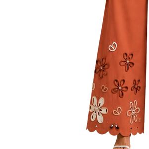 Pantalon palazzo large en terre cuite brodé pour femme, motif floral ajouré, taille haute, décontracté, en coton, vêtements personnalisés OEM - Product Image 3