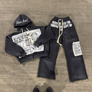 Survêtement unisexe personnalisé de qualité, style streetwear, effet vieilli, avec cordon de serrage, respirant, coupe ample, broderie appliquée et strass, à capuche - Product Image 3