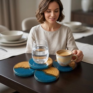 Ba Wood Resin Classic Eco-Friendly Durable Coaster Set <b>Round</b> Handmade Blue and Natural Finish 4 Piece <b>Mats</b> & Pads - Product Image 3