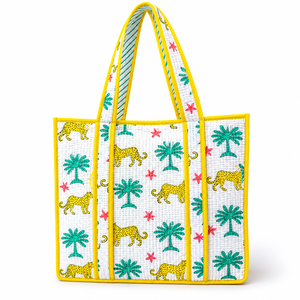 Sac fourre-tout matelassé imprimé léopard avec bordure jaune palmiers, grande capacité, ouvert, pour femme, mode plage été - Product Image 2