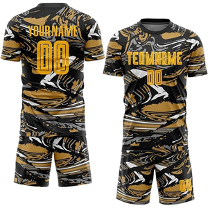 Ensemble maillot et short de football sublimé en gros, motif camouflage noir et or, col rond, manches courtes, anti-humidité, unisexe - Product Image 1