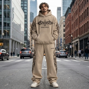 Ensemble survêtement streetwear pour homme, beige, coupe oversize, sweat à capuche et pantalon de jogging, logo brodé personnalisé, coton épais, deux pièces - Product Image 3
