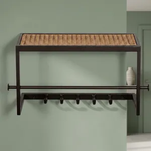 Étagère murale en métal avec assise tressée et crochets pour manteaux, design minimaliste pour salle de bain, organisateur multifonctionnel - Product Image 3