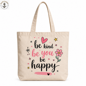กระเป๋าผ้าแคนวาสธรรมชาติพร้อมงานพิมพ์ลาย Be Kind Be Happy |   กระเป๋าช้อปปิ้งแบบลำลองพร้อมหูหิ้วยาวสำหรับพกพาในชีวิตประจำวันและการเดินทาง - Product Image 1