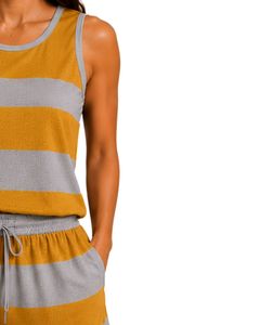 Ensemble de pyjama en satin pour femmes, rayé jaune moutarde et gris, débardeur sans manches avec short à cordon, tenue de nuit de luxe - Product Image 3