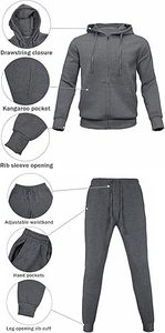 Men's Gray Hooded Tracksuit Full Sleeve Solid Color Casual <b>Zipper</b> Front 100% Cotton Breathable Regular Fit Autumn Wear - Product Image 6