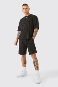 Men's Black Oversized T-Shirt and Shorts <b>Set</b> 100% Cotton Casual Summer Streetwear 2 Piece Outfit - Product Image 5