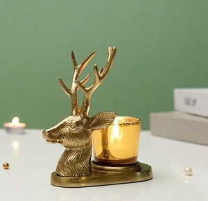 Christmas Deer Head <b>Tealight</b> Candle Holder with Glass Votive – Luxury Metal Reindeer Candle Stand for Table Decor & Gifting - Product Image 1