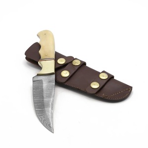 Damascus Steel Hunting <b>Knife</b> Drop Point Blade With <b>Bone</b> <b>Handle</b> And Leather Sheath For Outdoor Camping Survival Use - Product Image 1