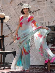 Sari en lin et coton imprimé numériquement, exclusif, avec pompons en coton faits à la main et chemisier non cousu Aarika Textile - Product Image 3