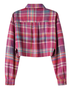 เสื้อเชิ้ตผู้หญิงลายสก็อตสีชมพูแบบครอป แขนยาว ติดกระดุม สไตล์ลำลอง แฟชั่นเสื้อเชิ้ตทรงสี่เหลี่ยม สำหรับฤดูใบไม้ผลิและฤดูร้อน รับผลิตตามแบบ OEM - Product Image 5