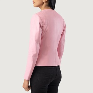 Chaqueta Bomber de Cuero Sintético Rosa para Mujer, Manga Larga, Cierre de Cremallera, Cuello Redondo, Corta, para Otoño - Product Image 3