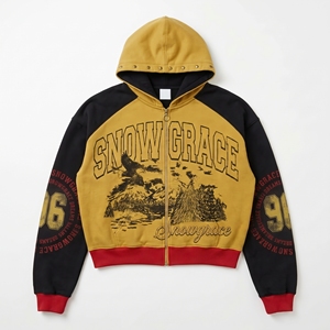 Snowgrace Men's <b>Hooded</b> Zip-Up Sweatshirt Raglan Sleeve French Terry Casual Winter <b>Jacket</b> Black Yellow <b>Red</b> Print Design - Product Image 1