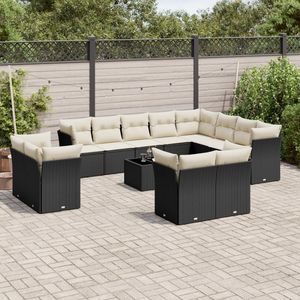 Conjunto de sofás de jardín negros con cojines color blanco crema - Product Image 1