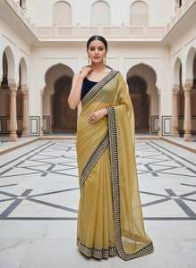 Sari en tissu sergé doux et élégant avec broderie de paillettes et de fils Jari Dori, bordure en dentelle de velours et blouse en velours de créateur - Product Image 4