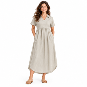 Women Fashion Casual Short Sleeve Collared Long <b>Maxi</b> <b>Dress</b> Loose Fit Summer <b>Dress</b> <b>with</b> Side <b>Pockets</b> - Product Image 1