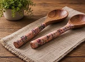 Blue Printed <b>Salad</b> Server (Set Of 2) Pure Wooden Natural New Collection - Product Image 2