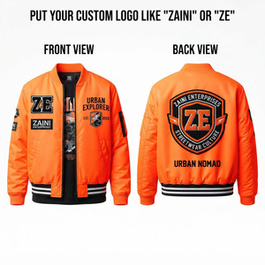 Blouson d'hiver unisexe coupe-vent en satin de polyester premium 320 GSM, orange, avec bordure contrastée côtelée, logo brodé personnalisé - Product Image 1