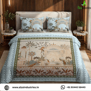 Peacock Garden Palace Print Cotton <b>King</b> Size Bedsheet Set | 3 Piece Pastel Blue <b>Bedspread</b> with Pillow Covers Bedding Collection - Product Image 2