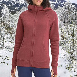 Chaqueta con capucha para mujer, de invierno, para gimnasio, con logo personalizado, color sólido, cremallera completa, holgada, para correr al aire libre, antiencogimiento, estampada, de punto. - Product Image 4
