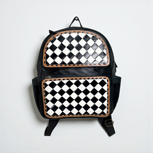 Bohemian Vintage Hand-<b>Tooled</b> Genuine Leather Unisex RFID Protected Zipper <b>Backpack</b> Chess Checkered Design Eco-Friendly Travel - Product Image 3