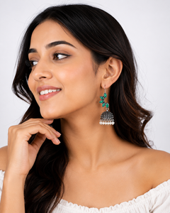 Pendientes Jhumka de Piedra Ónix Verde Oxidada |   Pendientes de Perlas Estilo Boho para Mujer - Product Image 3