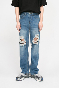Jeans déchirés pour homme, coupe droite, délavage moyen, style décontracté, denim pour homme - Product Image 3