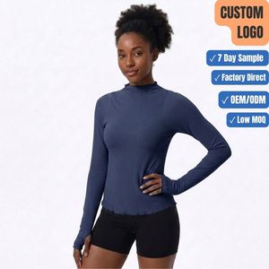 Custom Raw Hem Ribbed <b>Mock</b> <b>Neck</b> Fitted Long Sleeve Streetwear <b>Top</b> OEM - Product Image 1