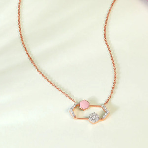 Rose Gold Hexagon <b>Frame</b> Diamond Necklace with Soft Pink Geometric Accent and <b>Floating</b> Sparkle Center Design - Product Image 3