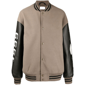 Blouson universitaire unisexe en laine beige OEM 2026 avec col montant, logo frontal, coupe classique, style décontracté hiver – En promotion - Product Image 1