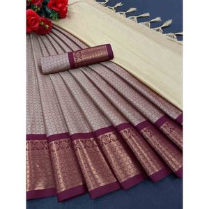 Saree de seda de algodón suave Premium con borde ancho para bodas en color vino - Product Image 1