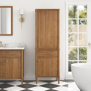 Modern Mid Century Teak Wood Bathroom Storage Cupboard Narrow Toiletry <b>Cabinet</b> - Product Image 1
