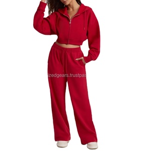 Conjunto de chándal de peso pesado personalizado pantalones de pierna ancha y Sudadera con capucha y cremallera conjunto de ropa de marca de lujo al por mayor conjunto deportivo de entrenamiento para mujer - Product Image 5