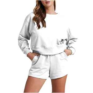 Ensemble de survêtement en coton tricoté pour femmes, 2 pièces, col rond, manches longues, coupe ample, blanc uni, décontracté, toutes saisons - Product Image 5