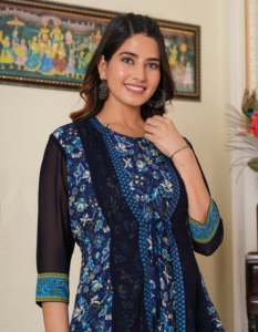 Vestido Anarkali Kurta Largo con Estampado Floral y Geométrico, Ropa de Verano para Mujer, 100% Algodón, Hermoso Vestido Kurti Indio - Product Image 6