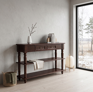 Console étroite vintage en chêne massif brun avec tiroirs, pieds et étagères inférieures pour entrée et salon - Meubles MT - Product Image 3