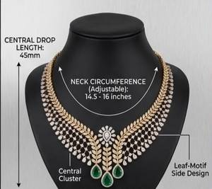Elegante conjunto de collar choker inspirado en esmeraldas verdes, con diseño de hojas y malla, con circonitas y moissanita, para novias, bodas y ocasiones especiales. - Product Image 1