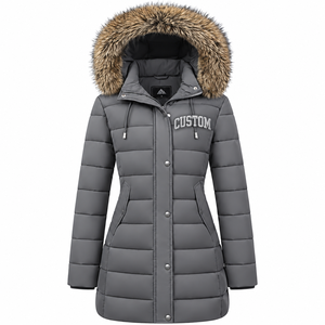 Manteau long matelassé en polyester personnalisé pour homme, coupe-vent, hiver, gris, fermeture éclair, épais, décontracté, color block - Product Image 1
