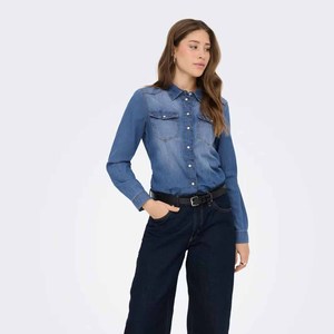 <b>Women's</b> <b>Denim</b> <b>Shirt</b> <b>Long</b> Sleeve Button Down Solid Color Casual Top Stonewashed Cotton Fit Regular Spring Style - Product Image 3