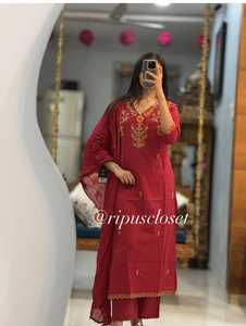 Designer 100% Cotton Red Embroidered Women Suit with Kurta Pant <b>Dupatta</b> for Wholesale Buyers - Product Image 2