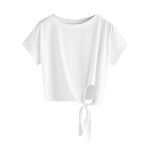 T-shirt décontracté d'été pour femme à manches courtes en coton tricoté et fibre de bambou, dos croisé, noué devant, tie-dye, coupe ample, couleur unie - Product Image 3