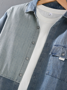 Camisa de Mezclilla Casual para Hombre, a la Moda 2026, Manga Larga, Diseño a Rayas con Parches, Cuello Clásico, Corte Regular, para Todas las Temporadas - Product Image 5