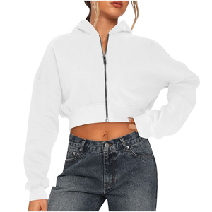Women's <b>Cropped</b> <b>Hoodie</b> <b>Zip</b>-<b>Up</b> Sweatshirt Full Sleeve Solid Color Knitted Cotton Oversized Autumn Wear - Product Image 3