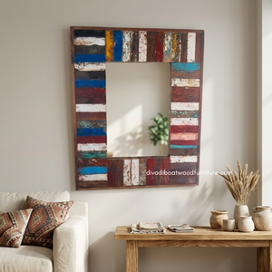 Handcrafted Rustic Eco-Friendly Durable Thick Wall <b>Mirror</b> Patchwork Reclaimed Boat Wood Original Color Living Room Bedroom - Product Image 2