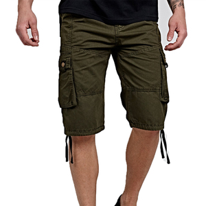 Men Olive Green Cargo Shorts Mid Waist Drawstring Closure Casual Bermuda Shorts With Side Pockets Canvas Material - Product Image 1