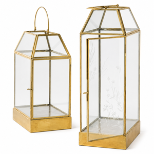 Modern Geometric Gold Lantern Set Luxury Brass and Glass <b>Hurricane</b> <b>Candle</b> Holder with Antique Finish for Home Decor and Wedding - Product Image 1