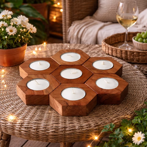 Support de bougie chauffe-plat hexagonal en bois massif de style nordique – Centre de table modulaire en nid d'abeille pour la maison et les événements - Product Image 2